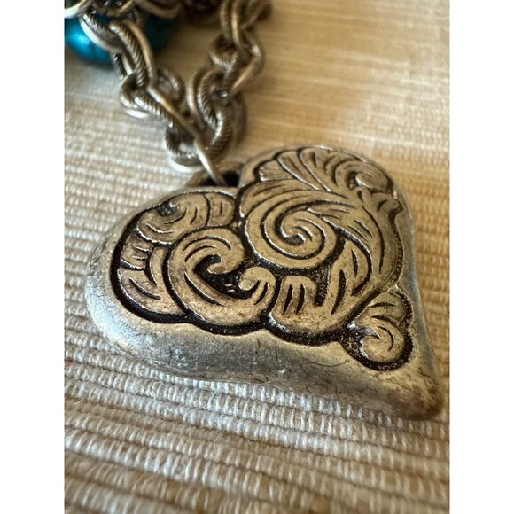 Boho Silver Tone Charm Bracelet Hearts Turquoise Glass Beads Toggle Statement - Picture 10 of 16